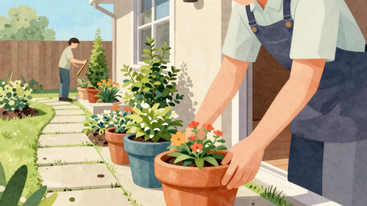Zahradník umisťuje květinové květináče u vchodu a ostříhá keře v pozadí.