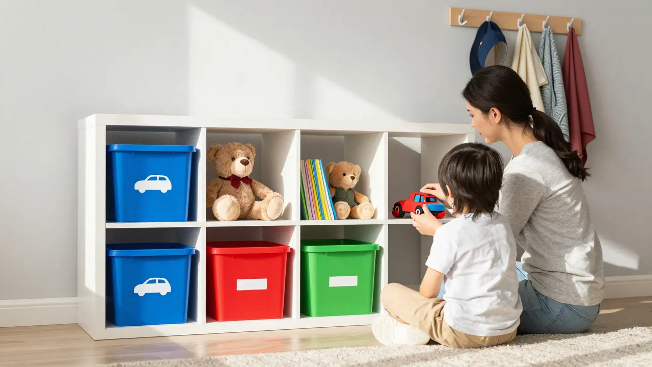Barvité krabice s obrázky a nálepky na nízké polici, dítě a rodič společně uklízejí hračky do správných kategorií.