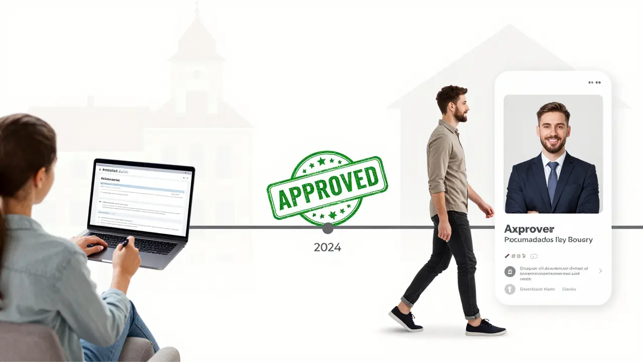 Člověk podává žádost online, následuje schválení a návštěva nemovitosti s realtorem.