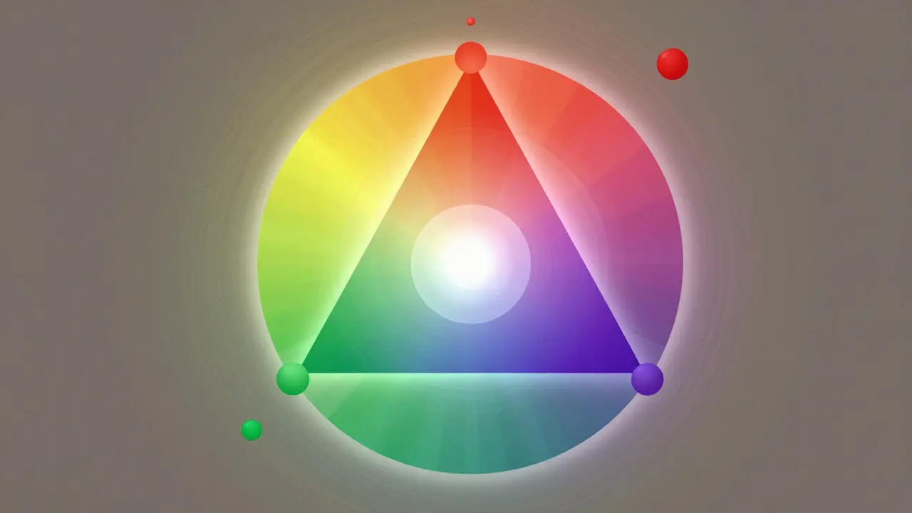 Color wheel with equilateral triangle connecting three harmonious colors, symbolizing visual rhythm and balance.