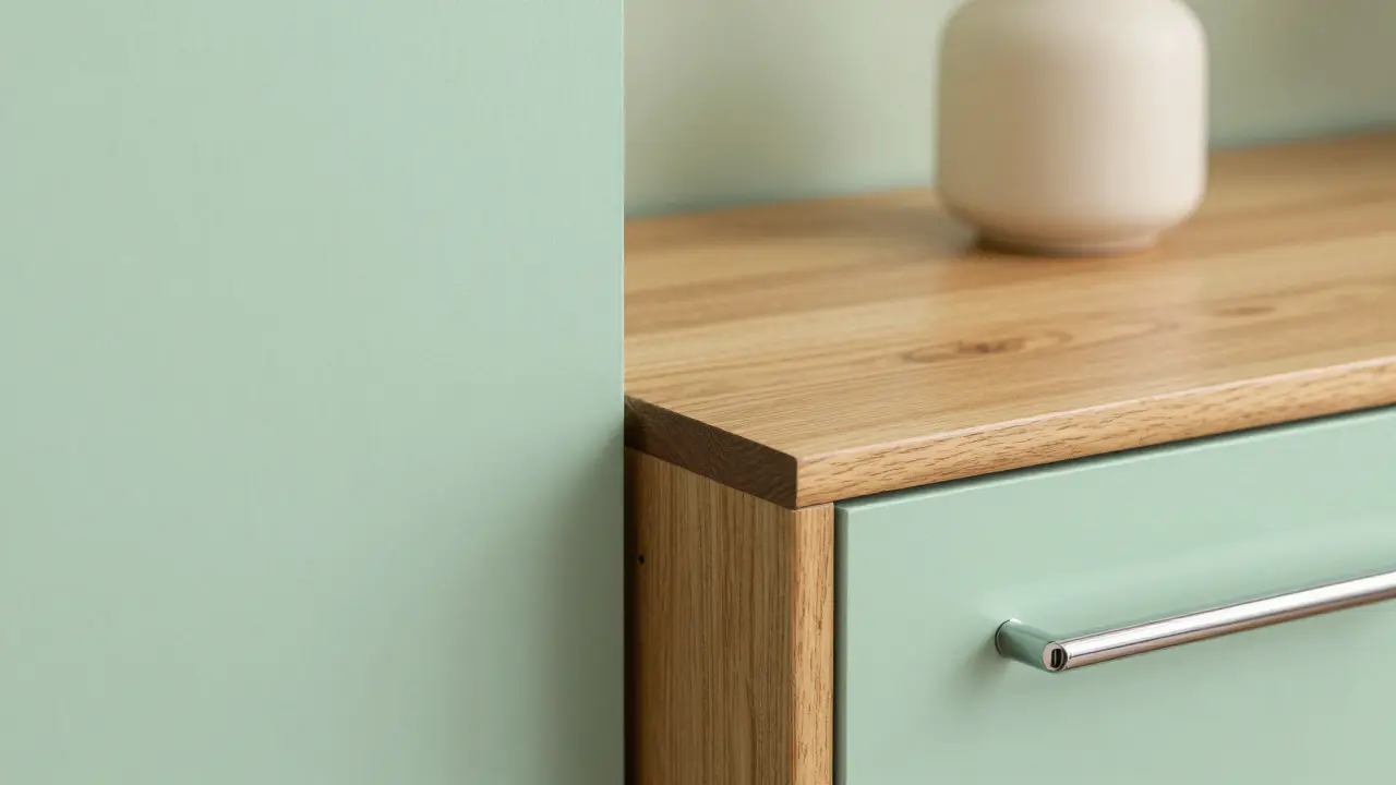 Detail dřevěného nábytku a barev v pastelovém interiéru