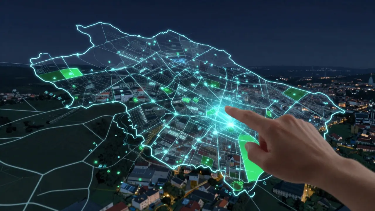 Digitální vrstvy hranic, budov a podzemních komunikací překrývající krajinný výhled.