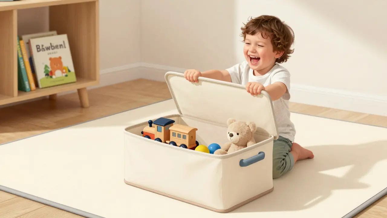 Dítě zvedá okraj hrací podložky s košem, zatímco hračky spadají dovnitř, v pozadí knihovna a mírné osvětlení.