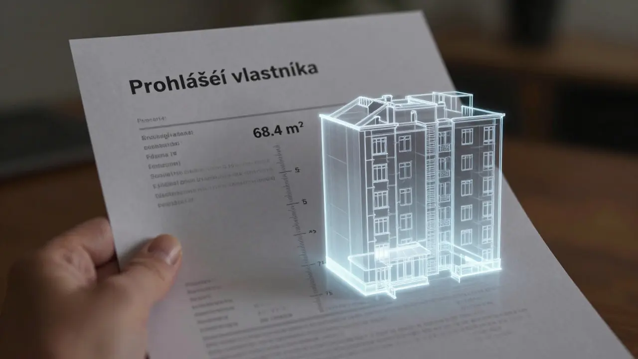 Dokument vlastníka vedle transparentního modelu bytu s porovnáním skutečné a falešné plochy.