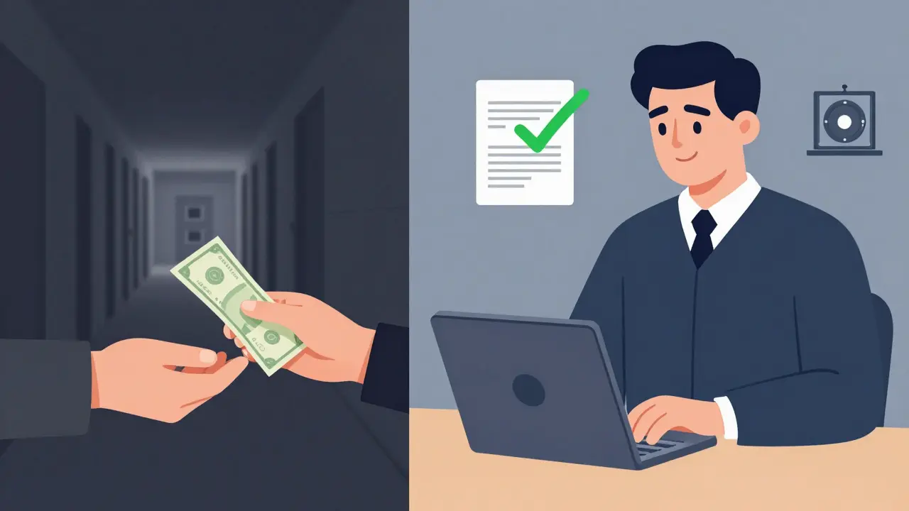 Kontrast mezi nebezpečným přímým placením a bezpečnou právní kontrolou.