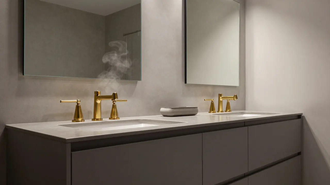 Koupelna s kombinací matných a lesklých kovových prvků, zrcadlo zvětšuje prostor.