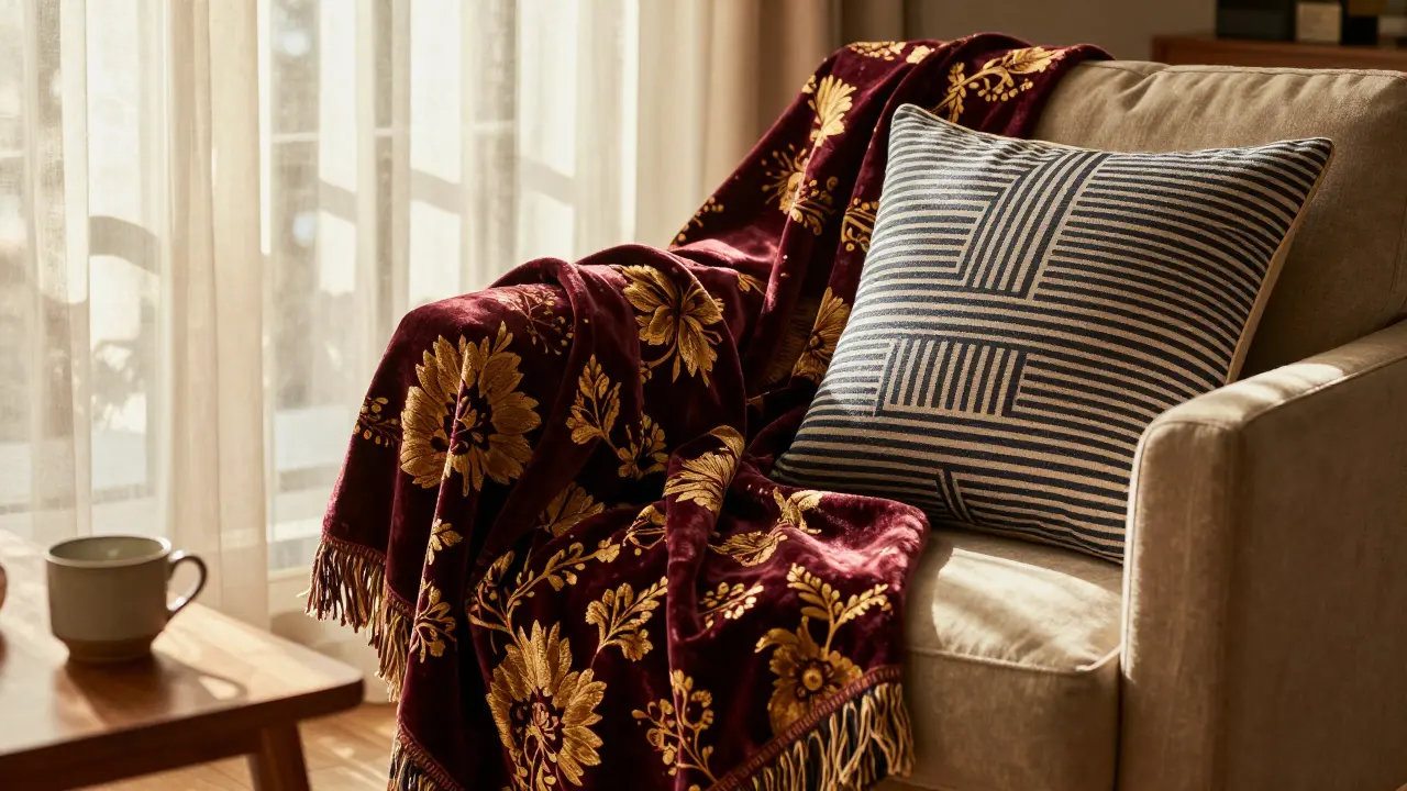 Kout obývacího pokoje s polštáři a dekou různých vzorů.