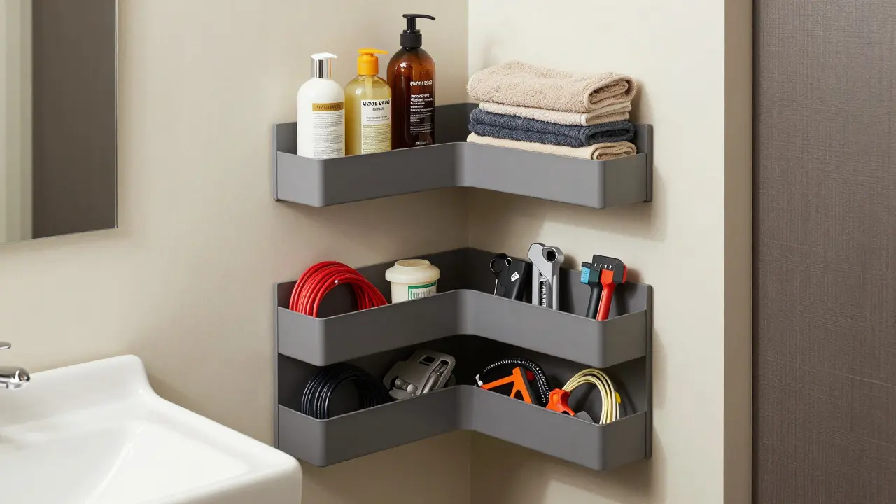 Koutová regálová jednotka v koupelně s koupacími potřebami a v garáži s nářadím.