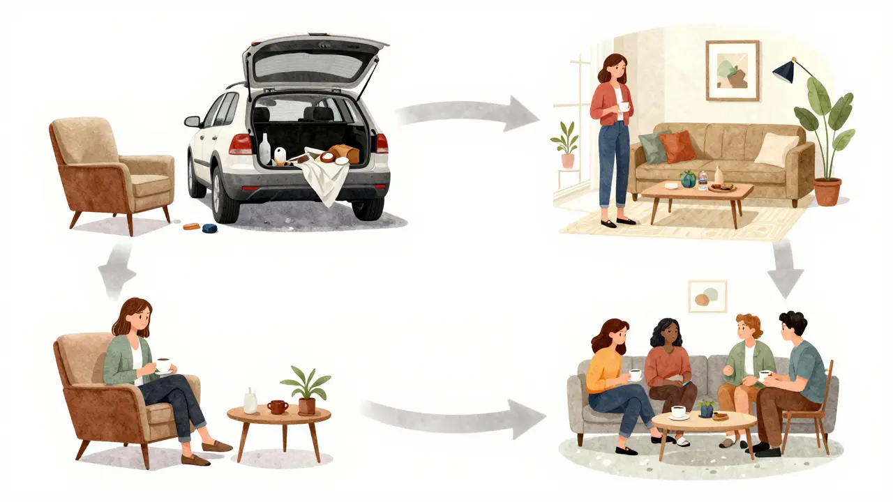 Kruhový příběh křesla: od garáže přes auto do nového bytu, kde ho lidé používají.