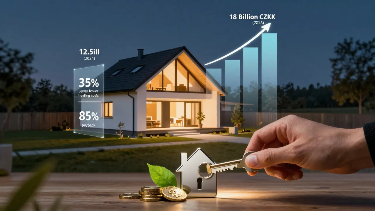 Moderní český dům s grafem úspor energie a klíčem symbolizujícím investici do tepelné izolace.