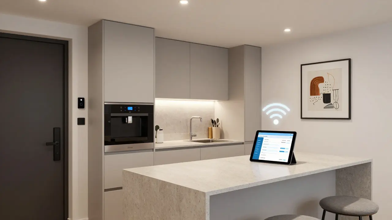 Moderní kuchyň s kamenitým ostrovem, chytrým kohoutkem a kamerou u vchodu, bez osobních předmětů.