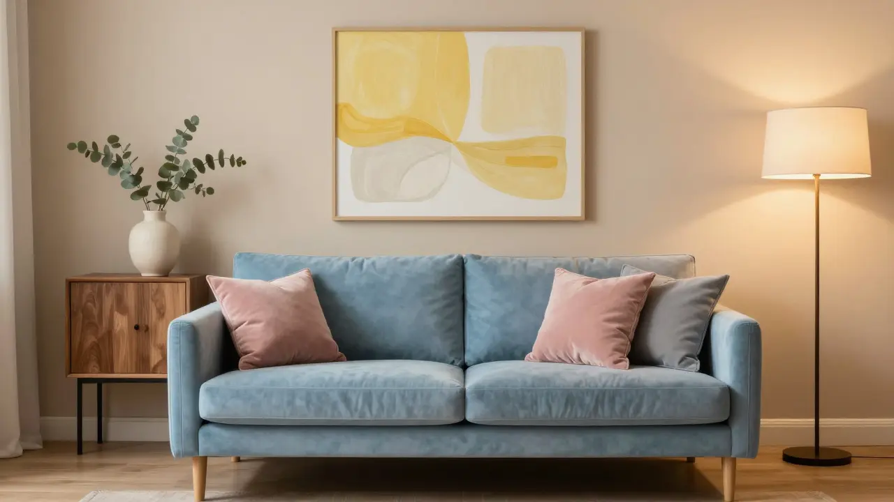 Obývací pokoj s pastelovým gaučem a uvolněnou atmosférou