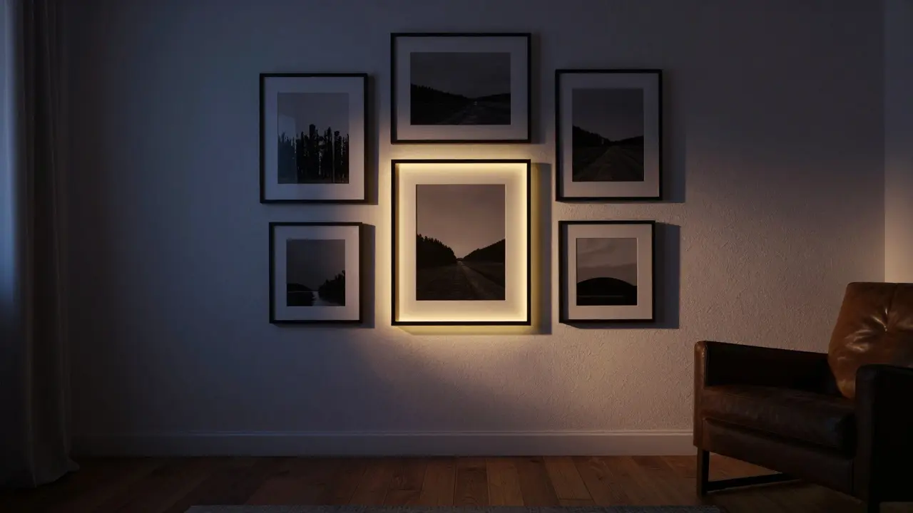 Osvětlená obrazová zeď v obýváku s LED páskou vytvářející útulnou atmosféru večer.