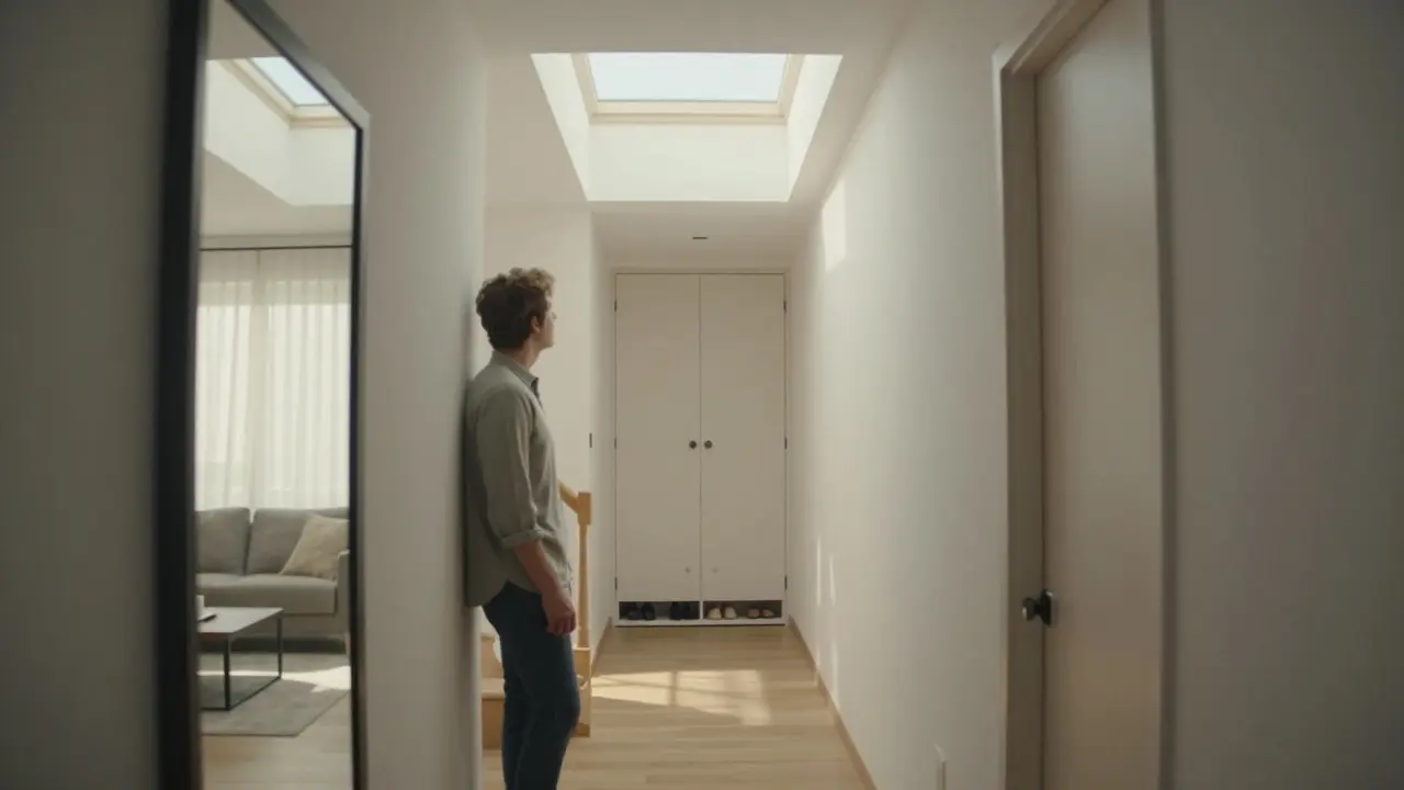 Person standing in a well-lit hallway with mirror and smart storage, symbolizing flow and functionality.