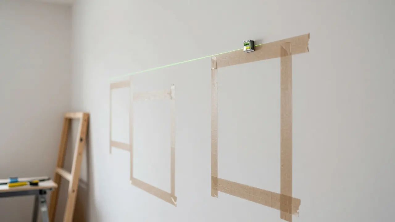 Plánování nástěnné galerie pomocí lepicí pásky na zdi před vrtáním otvorů.