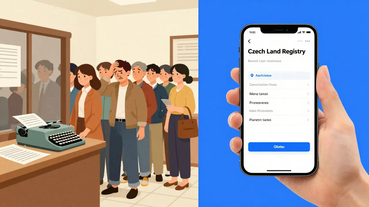 Porovnání starého úředního úřadu s moderním přístupem k katastru nemovitostí.