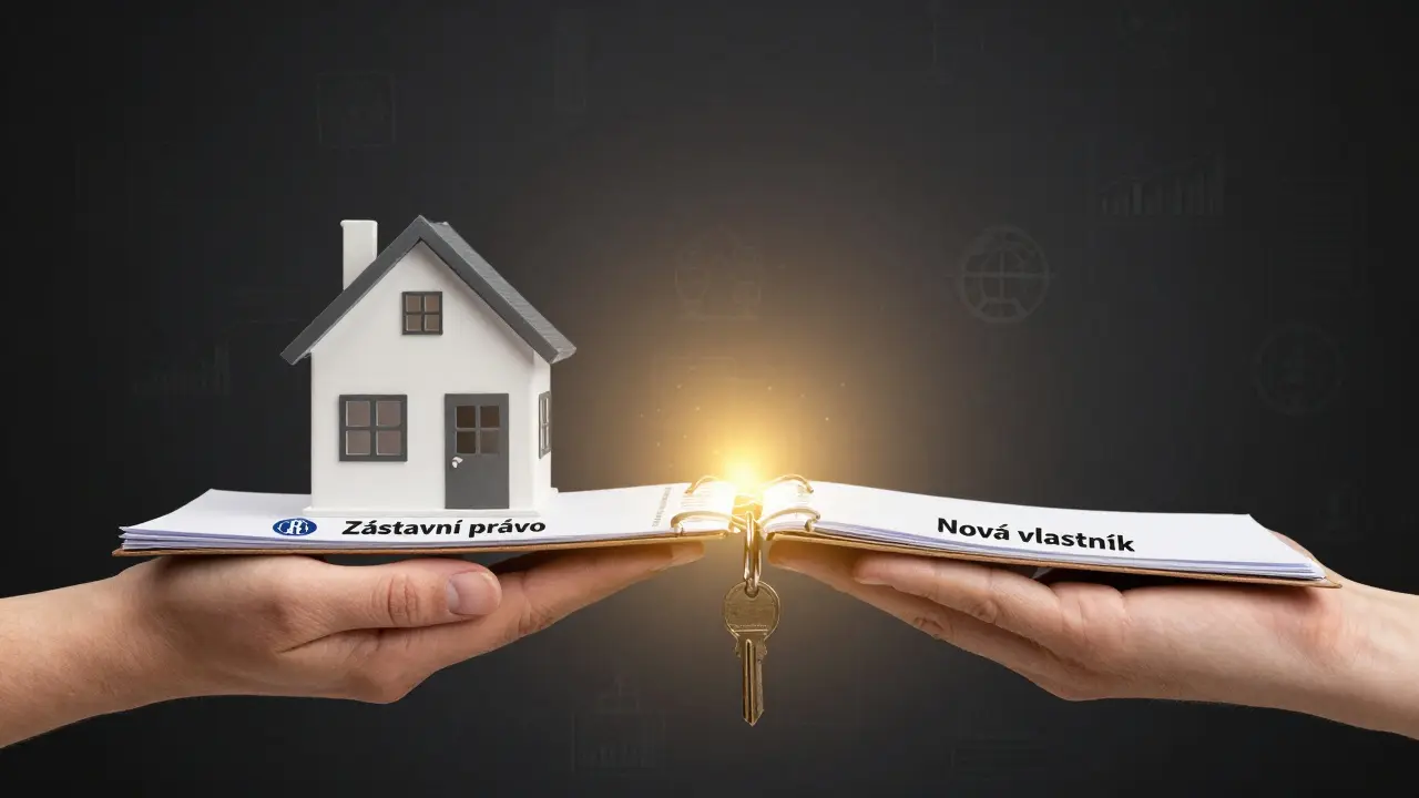 Přechod vlastnictví nemovitosti od starého k novému vlastníku s právními dokumenty jako mostem.