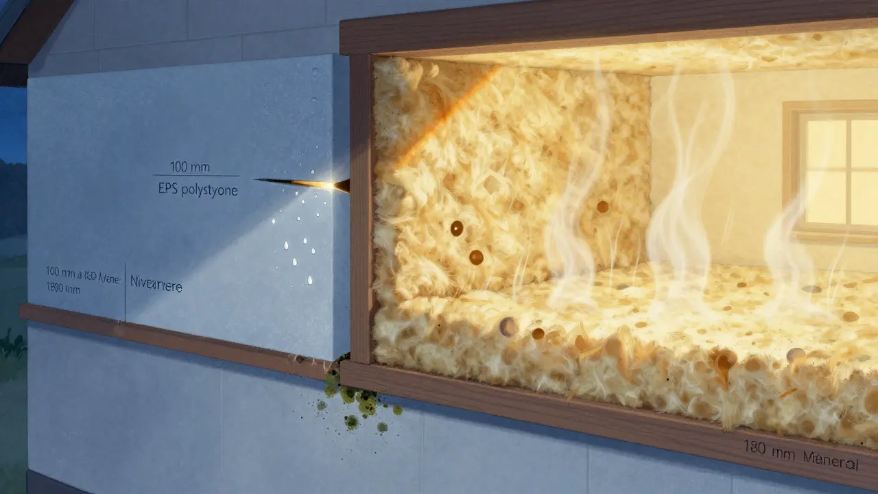 Průřez stěny domu porovnávající špatně instalovaný polystyren s kvalitní izolací minerální vatou.