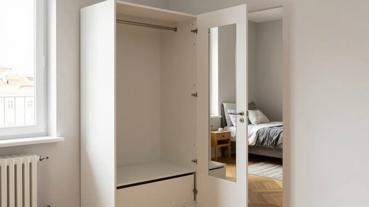 Rohová šatní skříň s věšáky a police v malé ložnici s zrcadlem na dveřích.