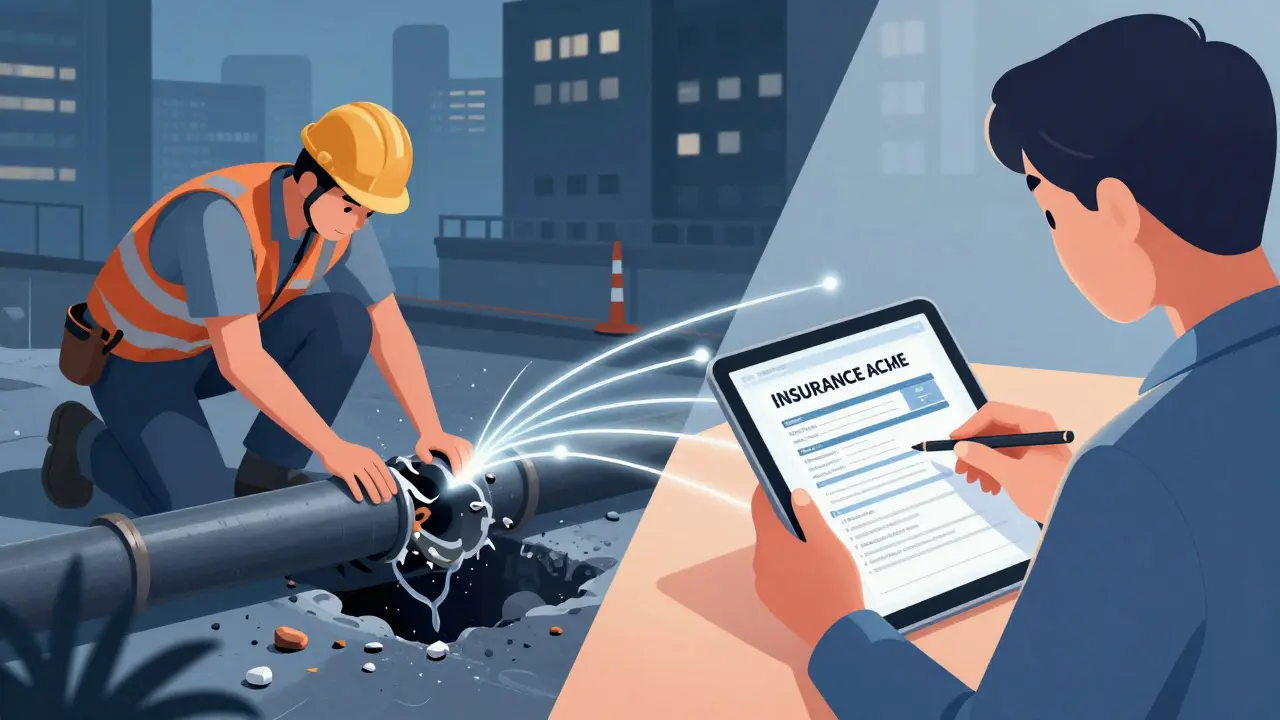 Rozdělený obraz: škoda na vodovodu a pojišťovací specialistka, která řeší případ pomocí digitálního systému.
