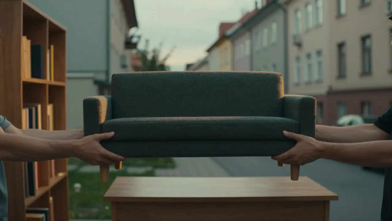 Ruky předávají nábytek mezi různými byty, žádná tvář, jen pohyb a důvěra.