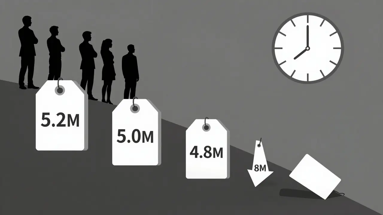 Spirála cenových štítků klesajících do stínu, zatímco kupující odvracejí pohled — psychologie čekání na slevu.