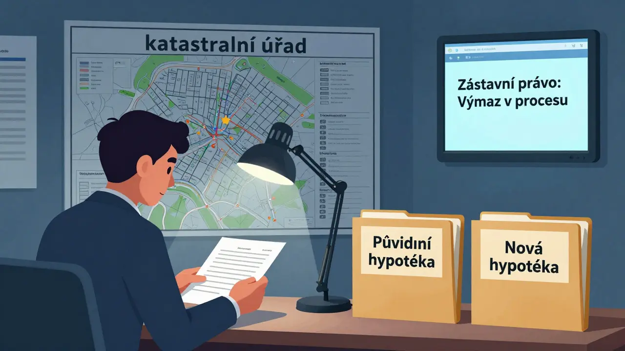 Úředník v katastrálním úřadě zpracovává dokumenty pro výmaz zástavního práva.