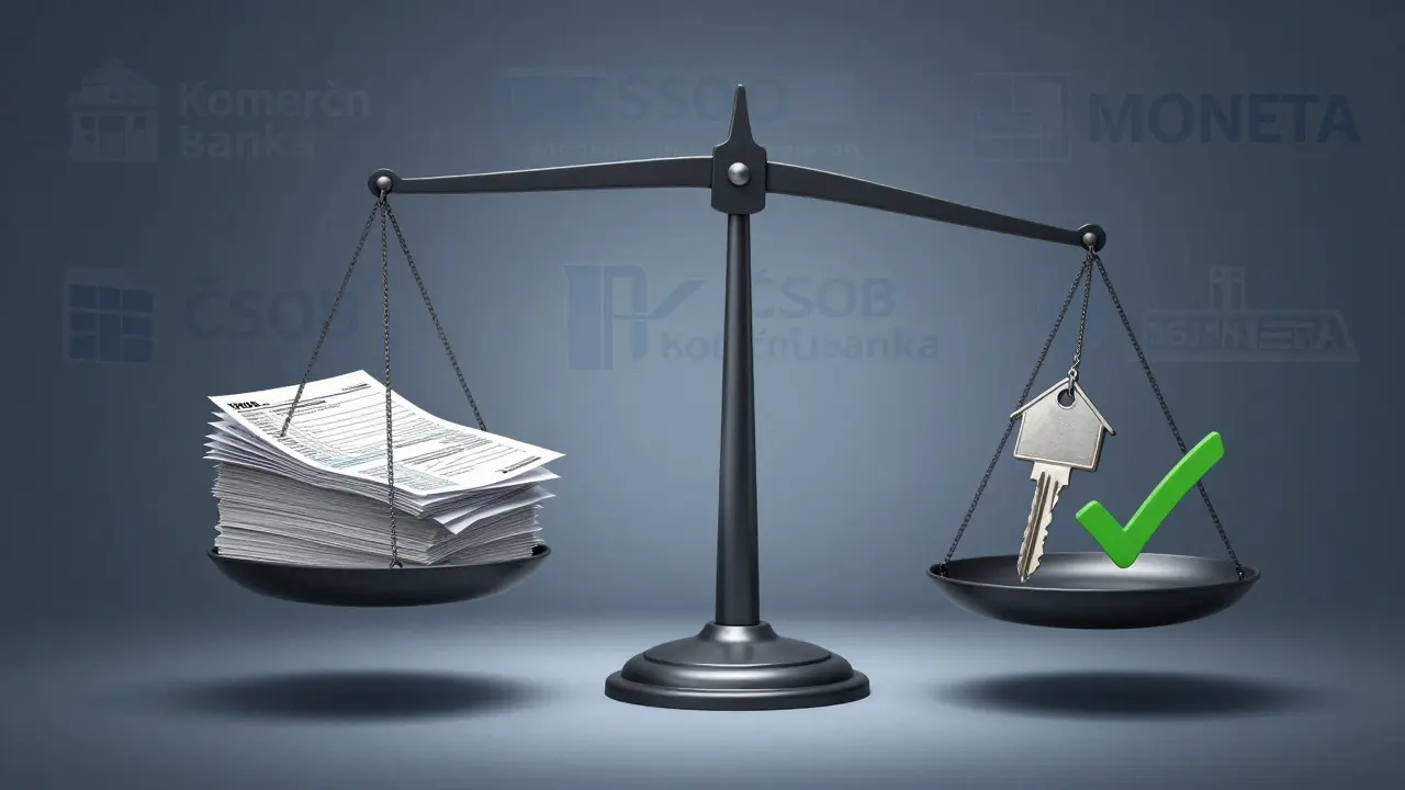 Váhy s finančními dokumenty na jedné straně a klíčem od domu na druhé, s bankovními logy v pozadí.