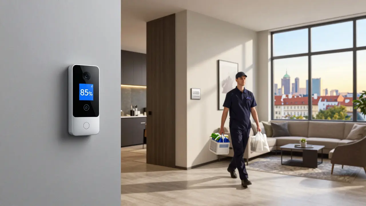 Vstup do bytu s chytrou kamerou, čistým chodbou a plakátem LEED certifikace, s výhledem na pražský panoramatický výhled.