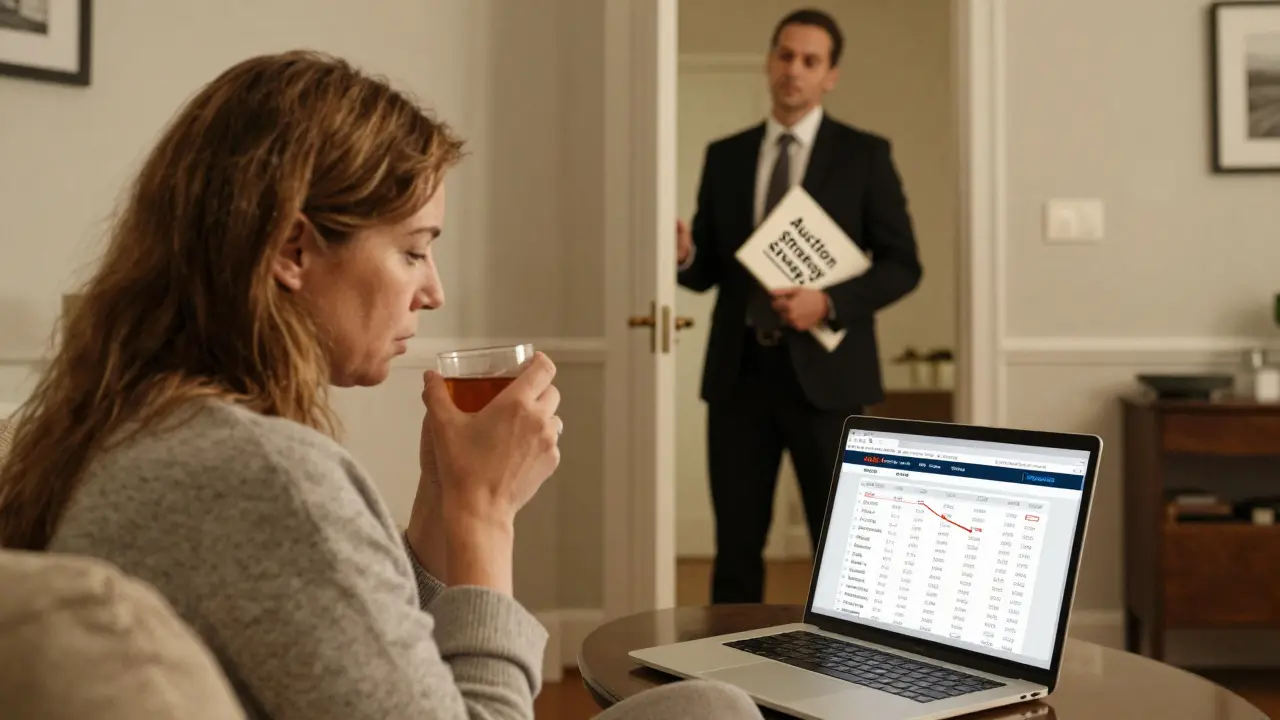 Žena s kávou před počítačem s historií cen, realitní makléř v dveřích s nabídkou aukce.