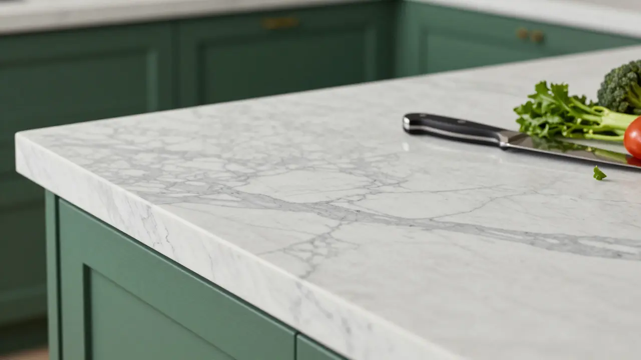 Detail keramické pracovní desky s imitací mramoru v kombinaci se zelenou kuchyní.