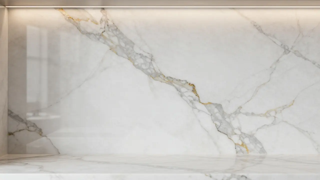 Detail luxusního obkladu z přírodního bílého mramoru s šedými žilkami.
