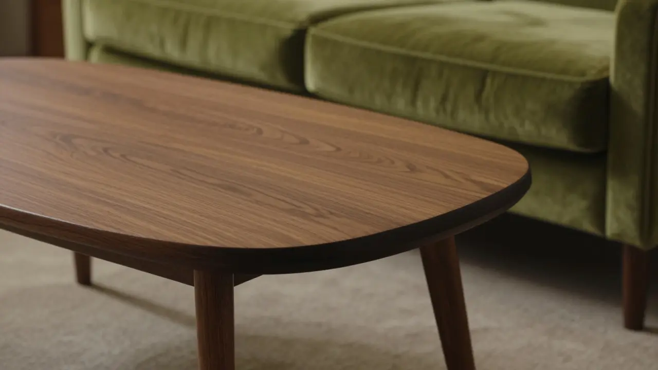 Detail ořechového konferenčního stolku s kónickými nohami a olivově zeleným sametovým křeslem.