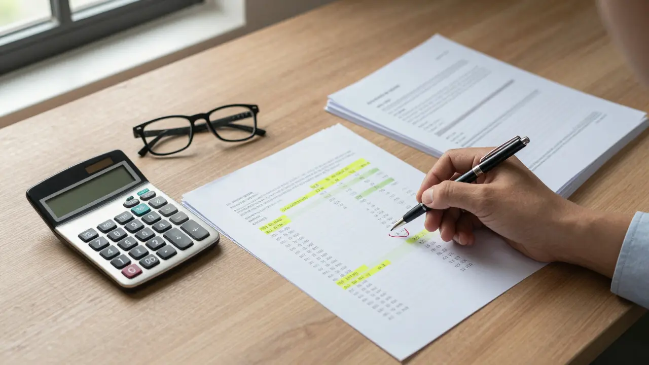 Detail pracovního stolu s kalkulátkou a srovnáním nabídek hypoték.