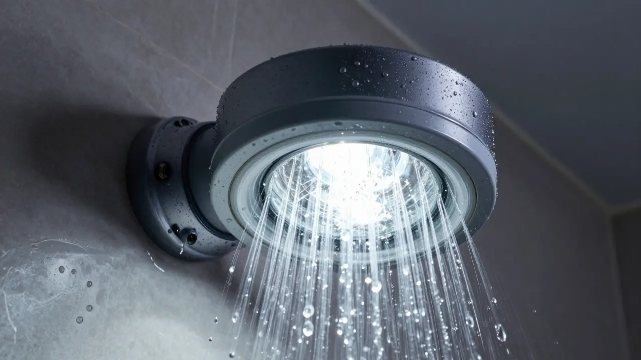 Detail vodovzdorného svítidla IP65, které odolává stříkající vodě v koupelně.