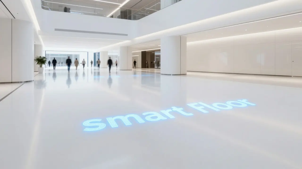 Futuristická chytrá podlaha v komerční hale s vizualizací integrovaných senzorů.