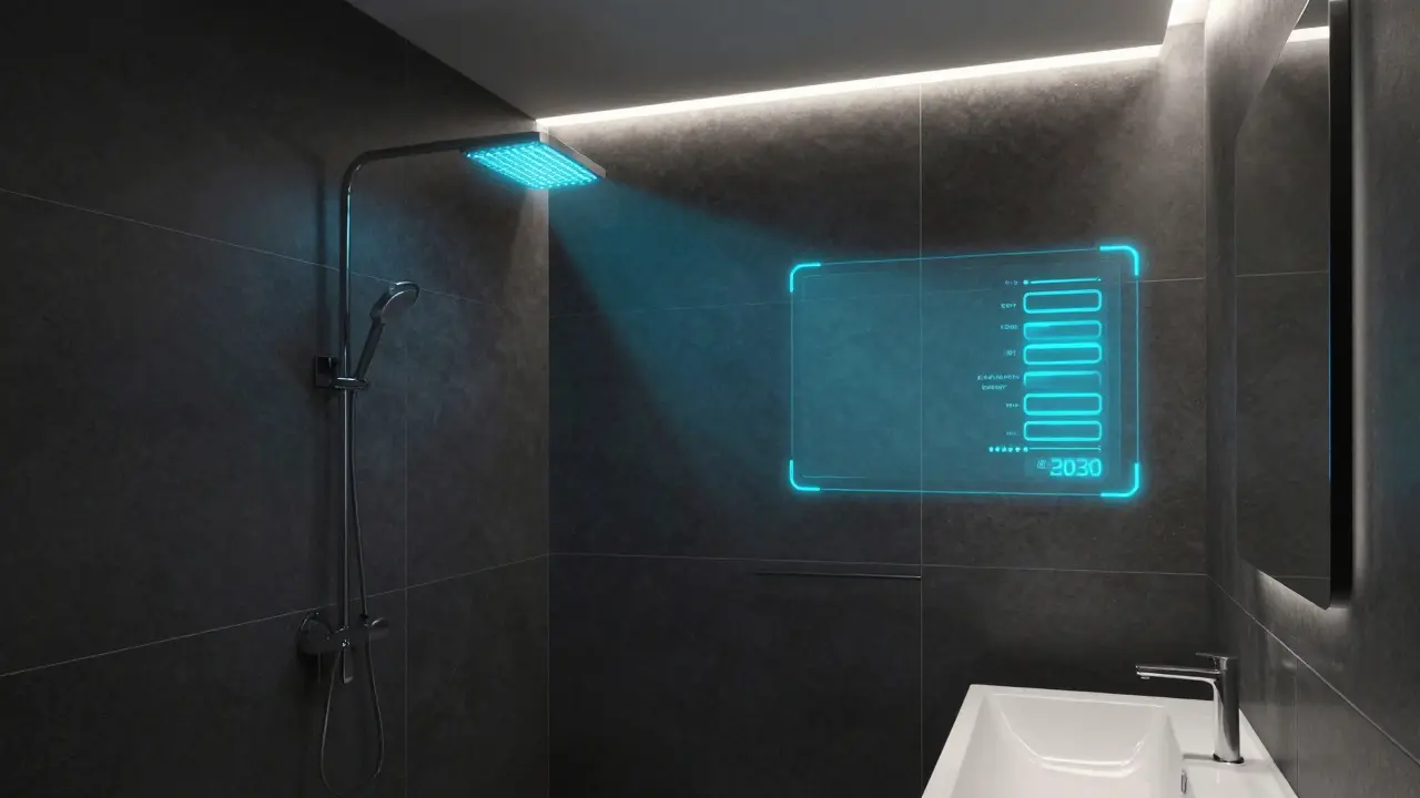 Futuristická koupelna s inteligentními senzory monitorujícími vlhkost vzduchu.