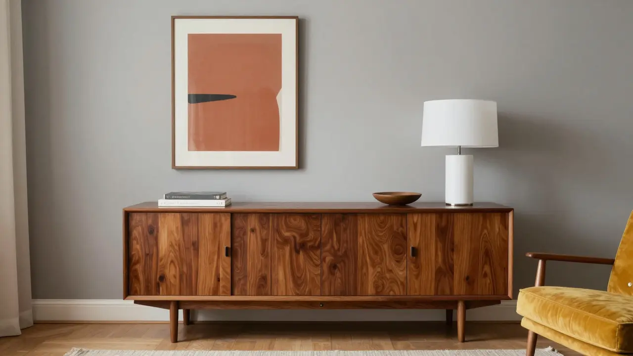 Interiér kombinující retro nábytek z vlašského ořecha s moderními minimalistickými prvky.