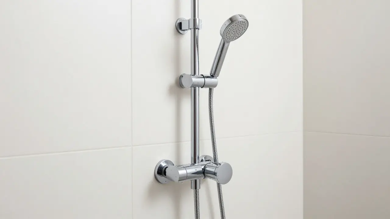 Kompaktní sprchový panel z chromu namontovaný na stěnu v moderní koupelně.