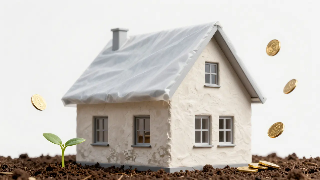 Koncept zatepleného domu s novou omítkou symbolizující úspory a dotace.