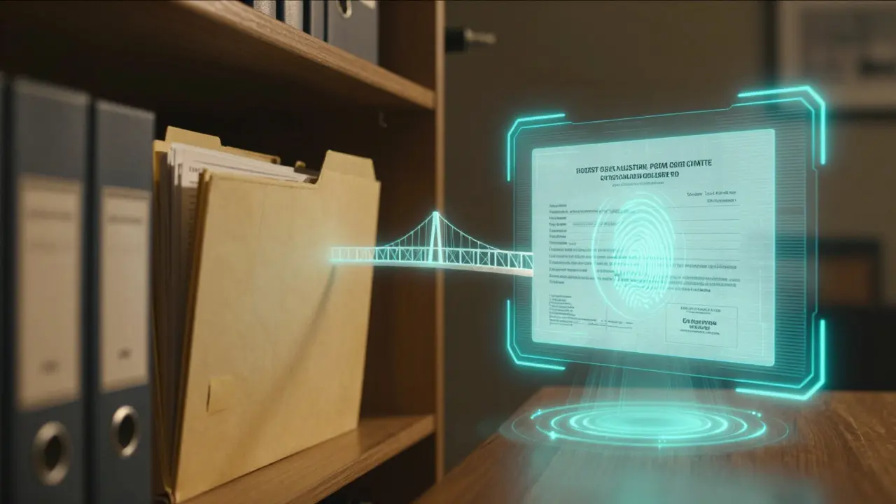 Konceptualizace přechodu od papírového archivu k digitálnímu katastru s biometrií.