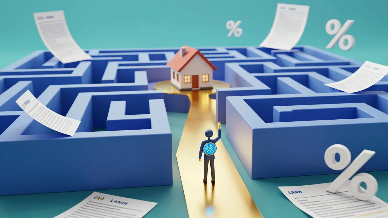 Konceptuální 3D obraz cesty skrze labyrint bankovních nabídek k domovu.