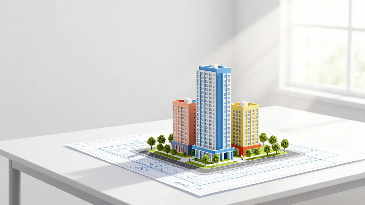 Konceptuální nákres moderního a dostupného bydlení přecházející v realitu.