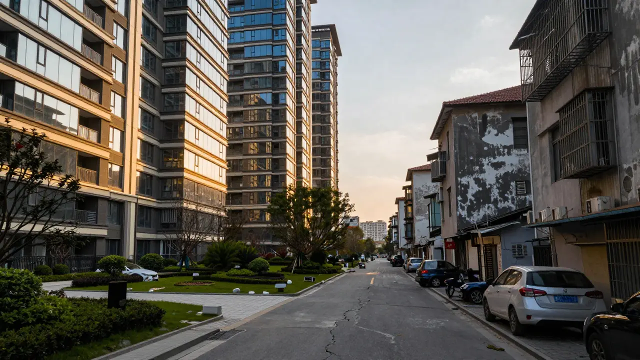 Kontrast mezi luxusní novostavbou a starší zdevastovanou městskou zástavbou.