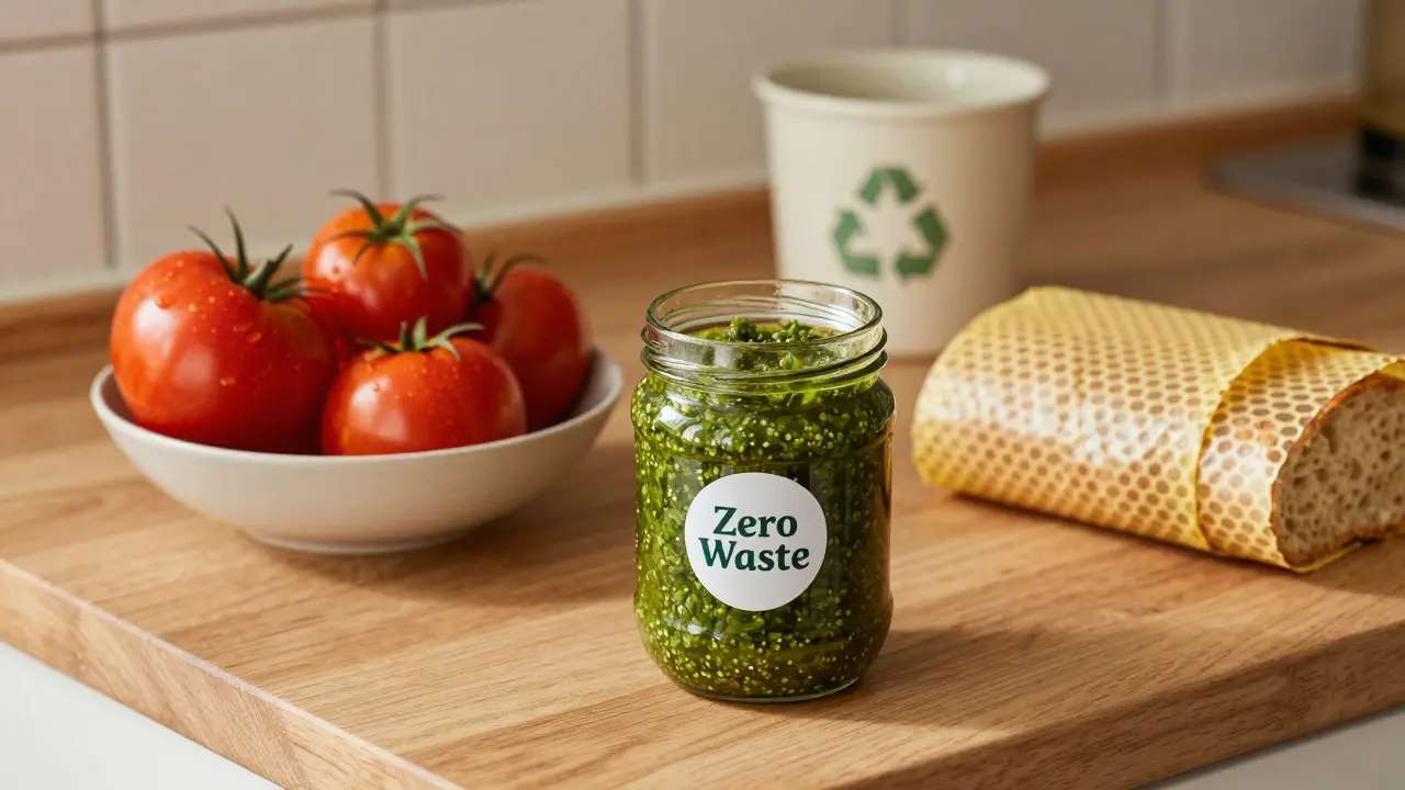 Kuchyně v duchu Zero Waste s volnou zeleninou a skleničkou od zavařky.