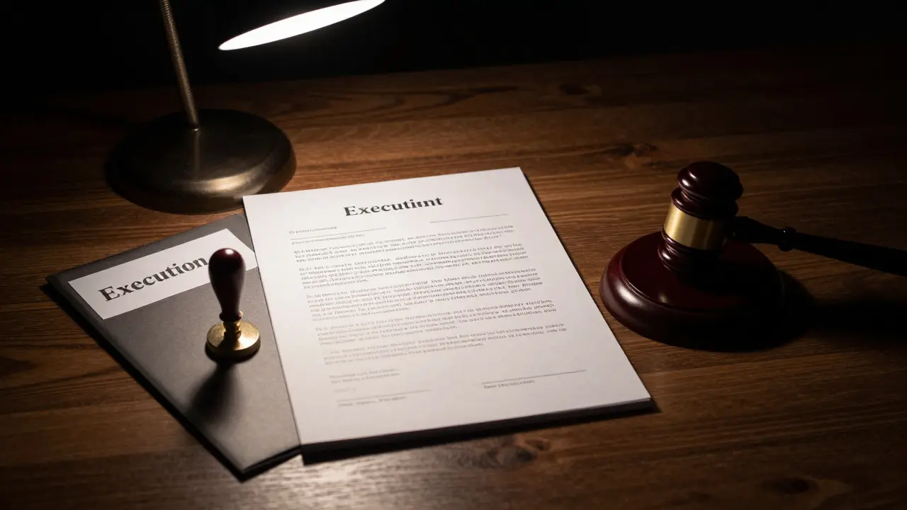 Kupní smlouva, soudní kladivo a právní dokumenty na stole