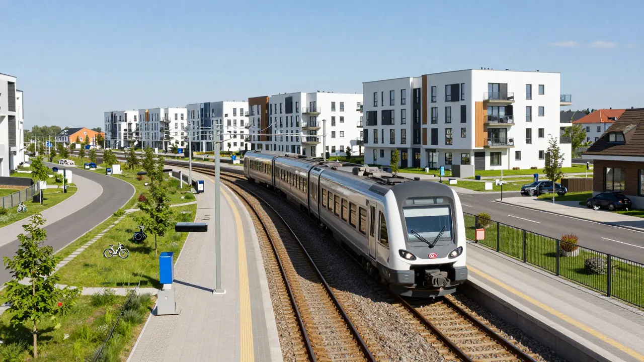 Moderní vlak a nové bytové domy v satelitním městě u Prahy.