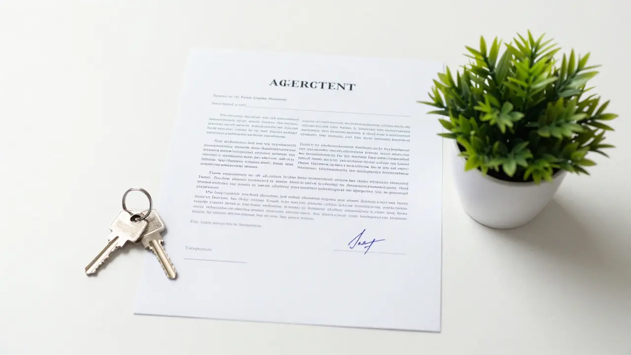 Podepsaná dohoda o ukončení nájmu s klíči a malou zelenou rostlinou.