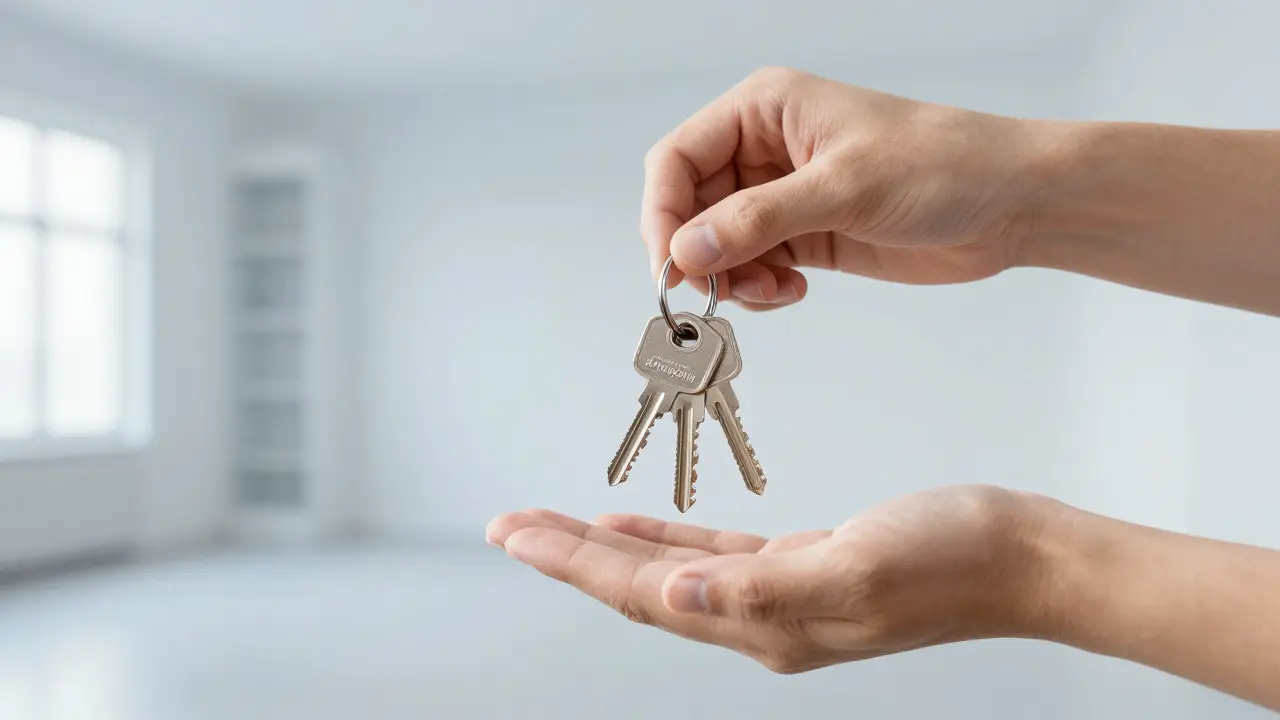 Předání klíčů od bytu mezi dvěma lidmi v prázdném interiéru.