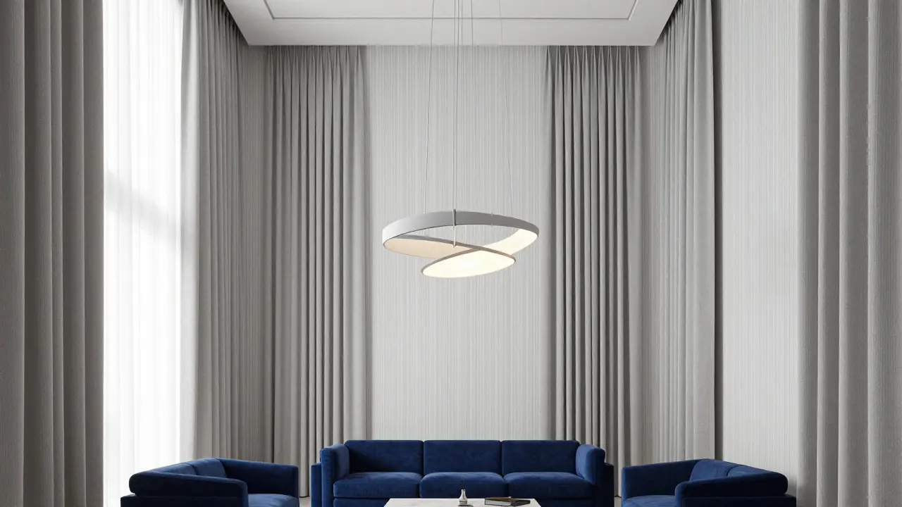 Prostorný interiér s dlouhými závěsy a designovým lustrem zdůrazňujícím výšku.